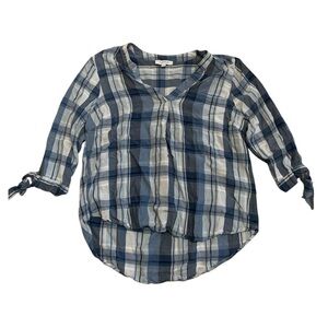 MyStyle Blue Plaid V-Neck High-Low Tunic Top L/G Roll Tab Sleeves Lightweight